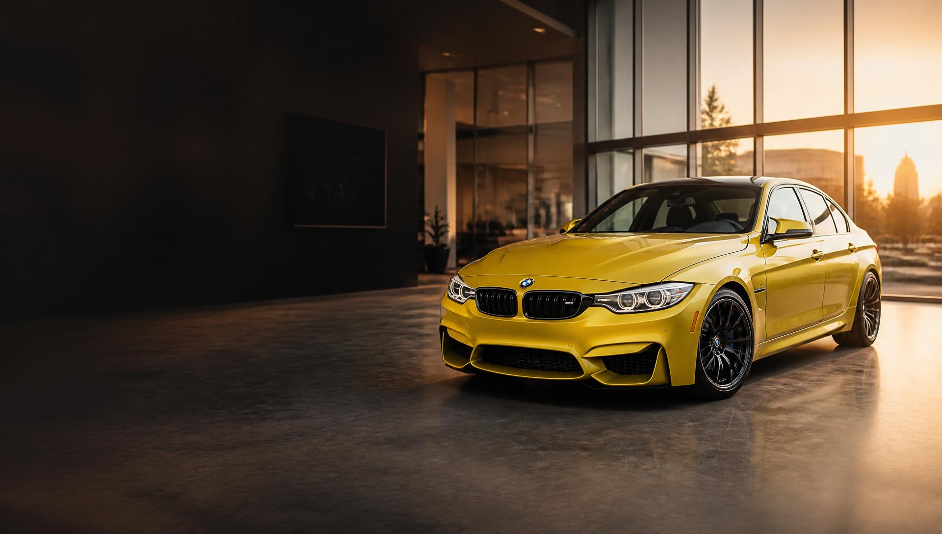 BMW M3 F80 dans un showroom élégant au coucher du soleil